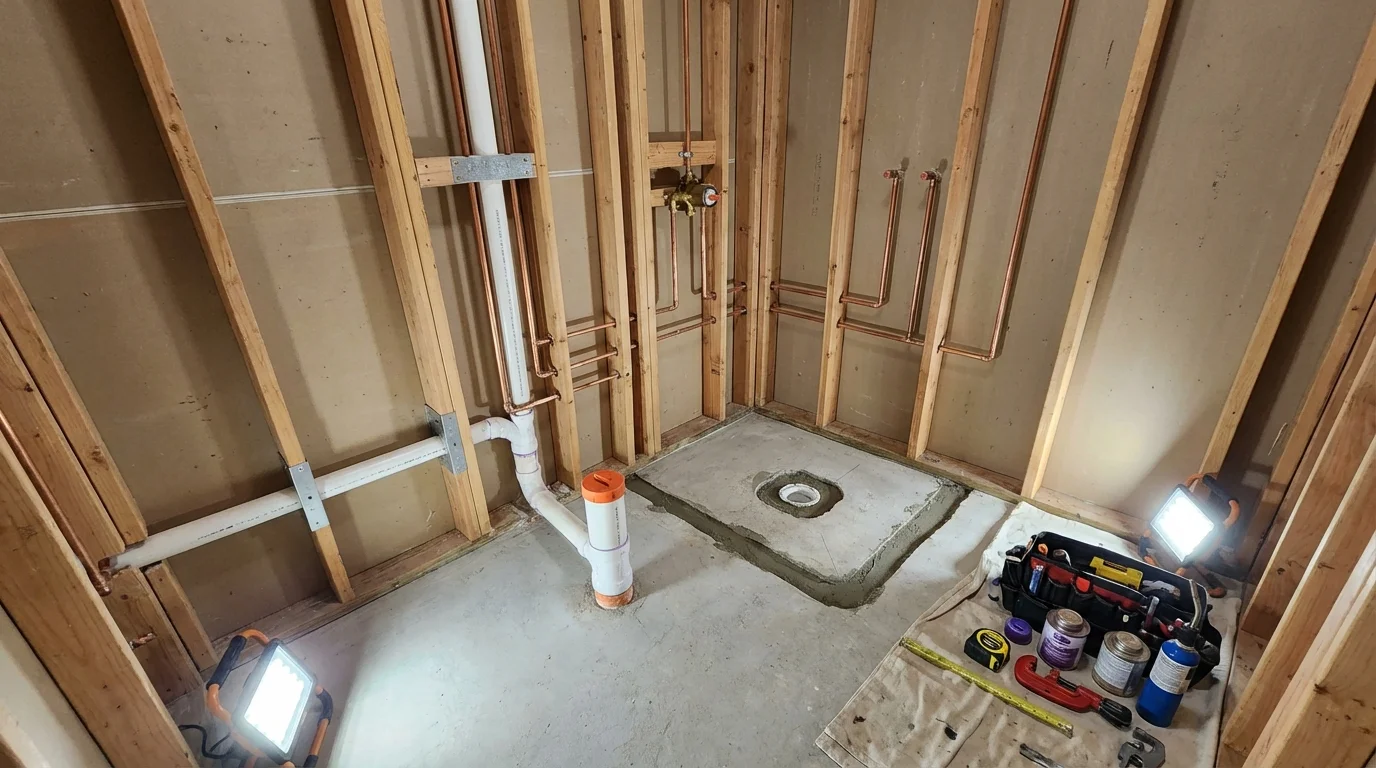 Bathroom rough-in plumbing during remodel by Johns Plumbing LLC in Ortonville