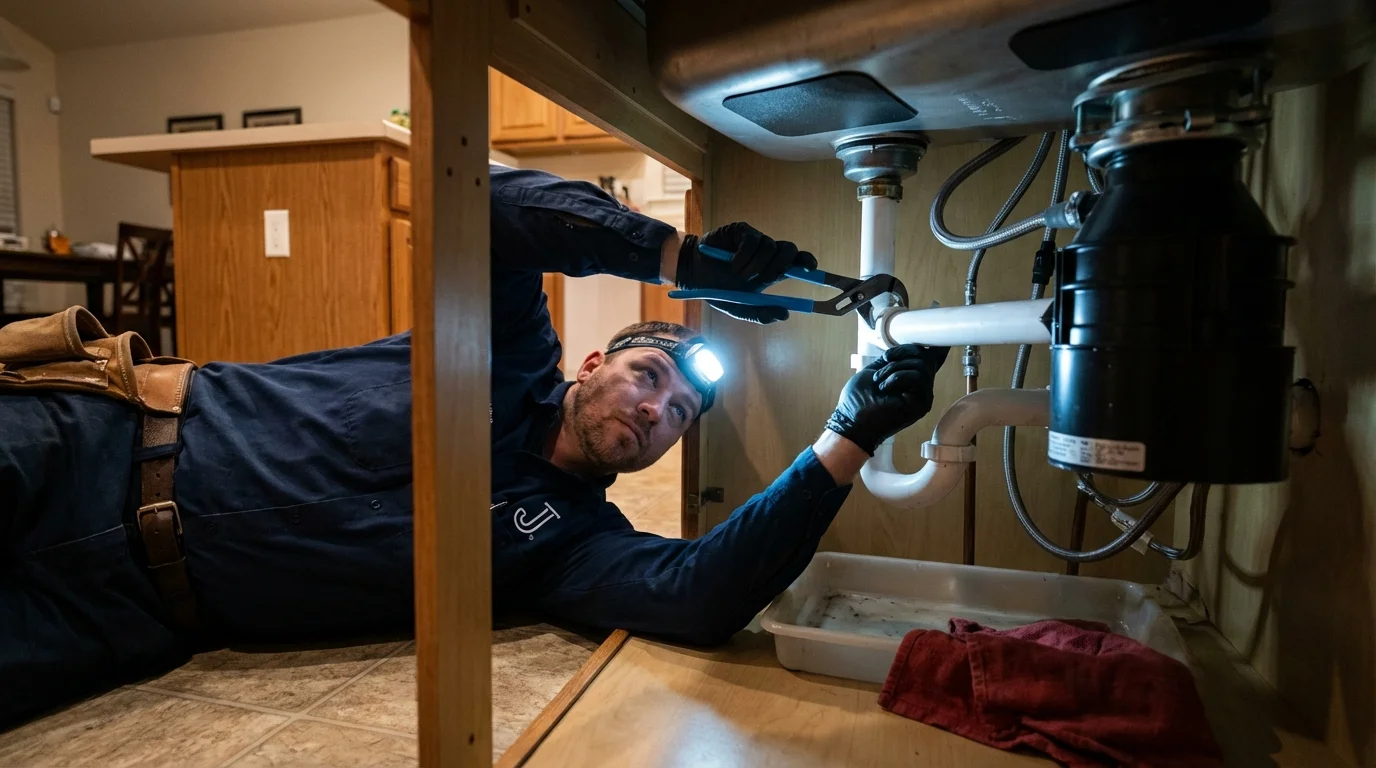 P-trap and supply line connections under a kitchen sink showing a common leak point in Ortonville, MN